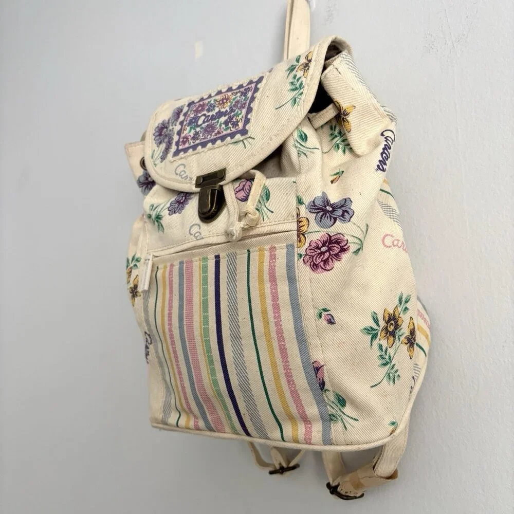 Carter’s Vintage Canvas Drawstring Backpack Cream Floral and Stripe Pattern